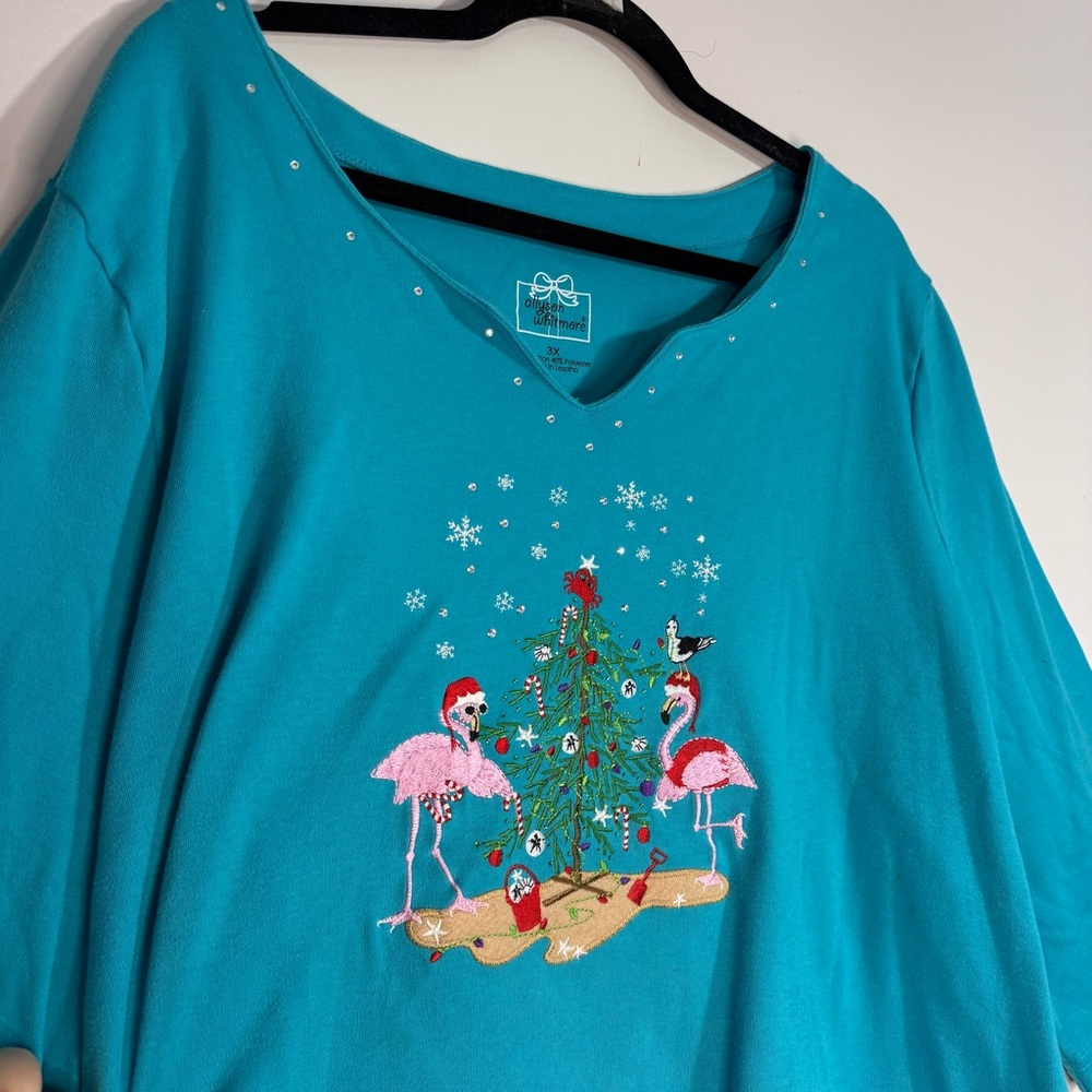 Flamingo Christmas Shirt 3X Teal Beach Tree Holiday Top Women